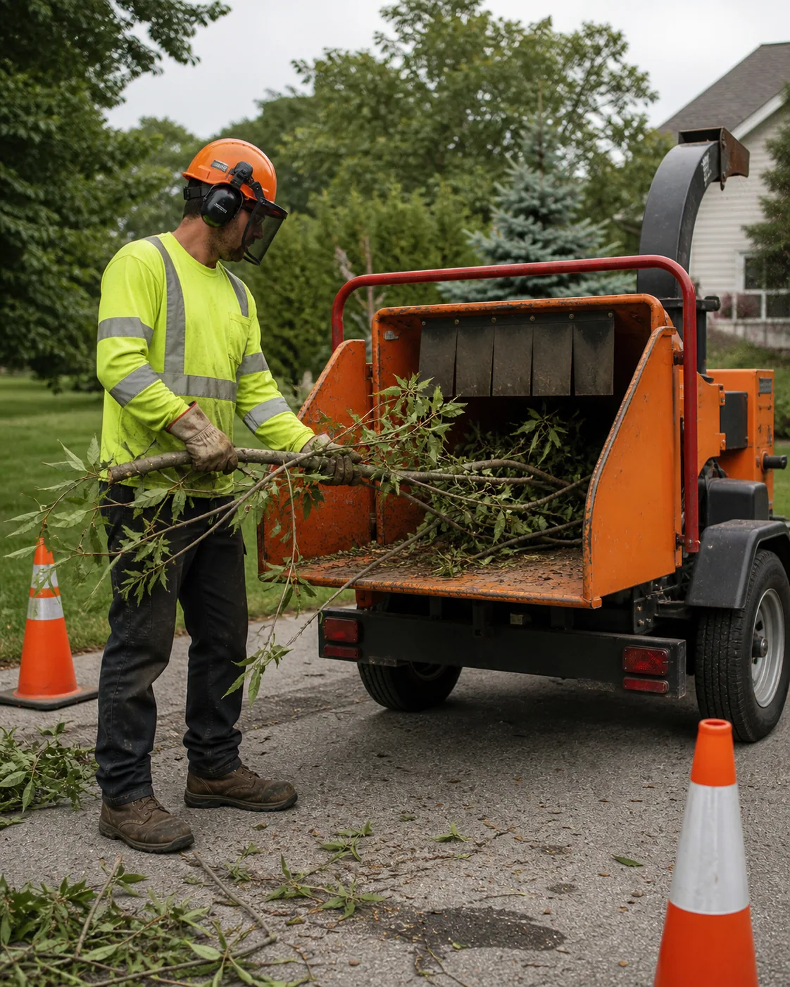 Worker safely feeding pruned branches into a wood chipper