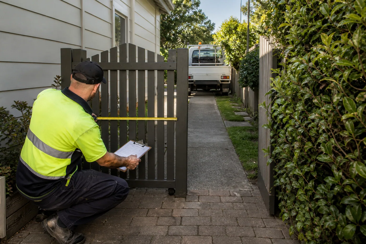 Professional measuring a narrow residential access gate