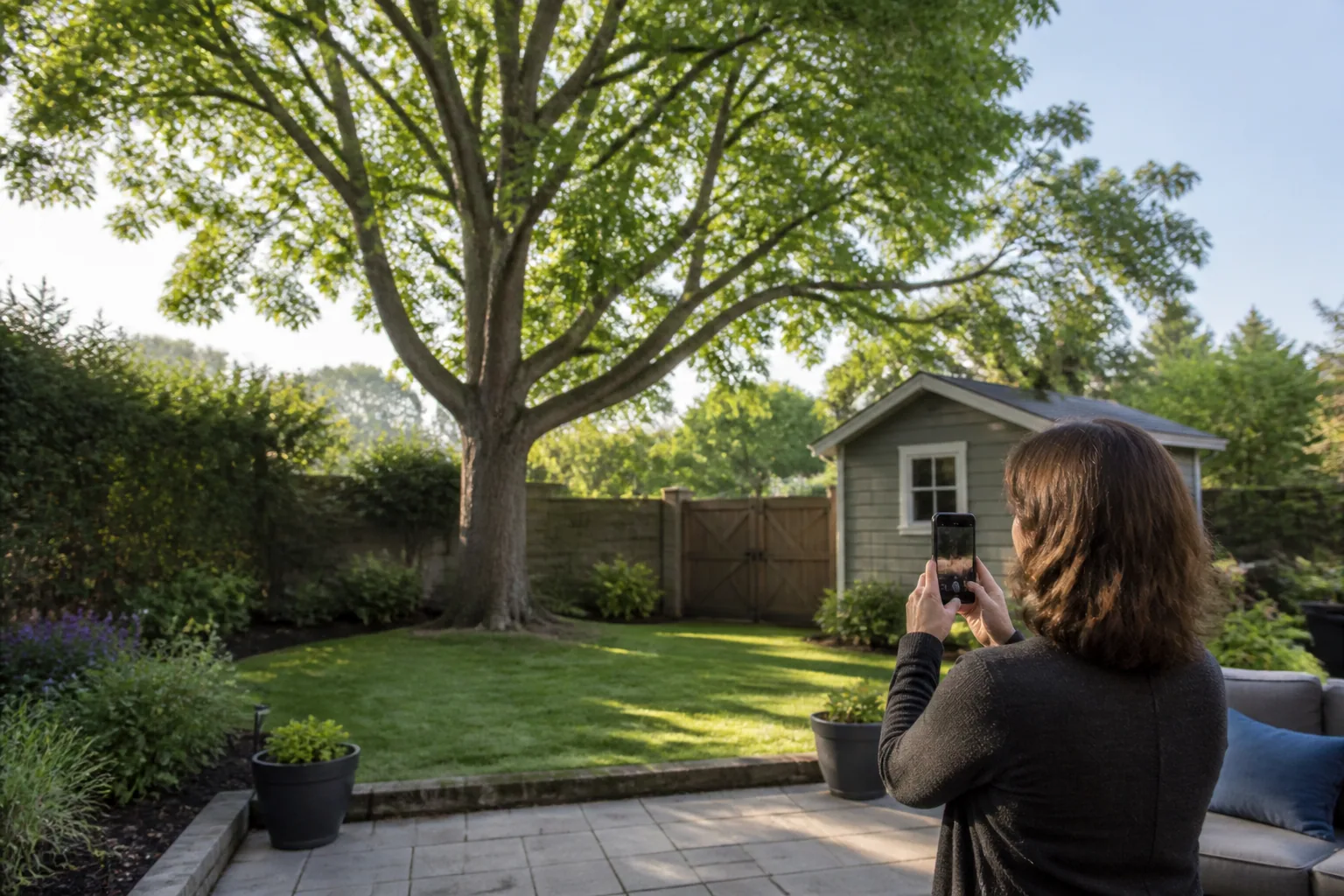 Homeowner safely photographing a whole backyard tree from a patio