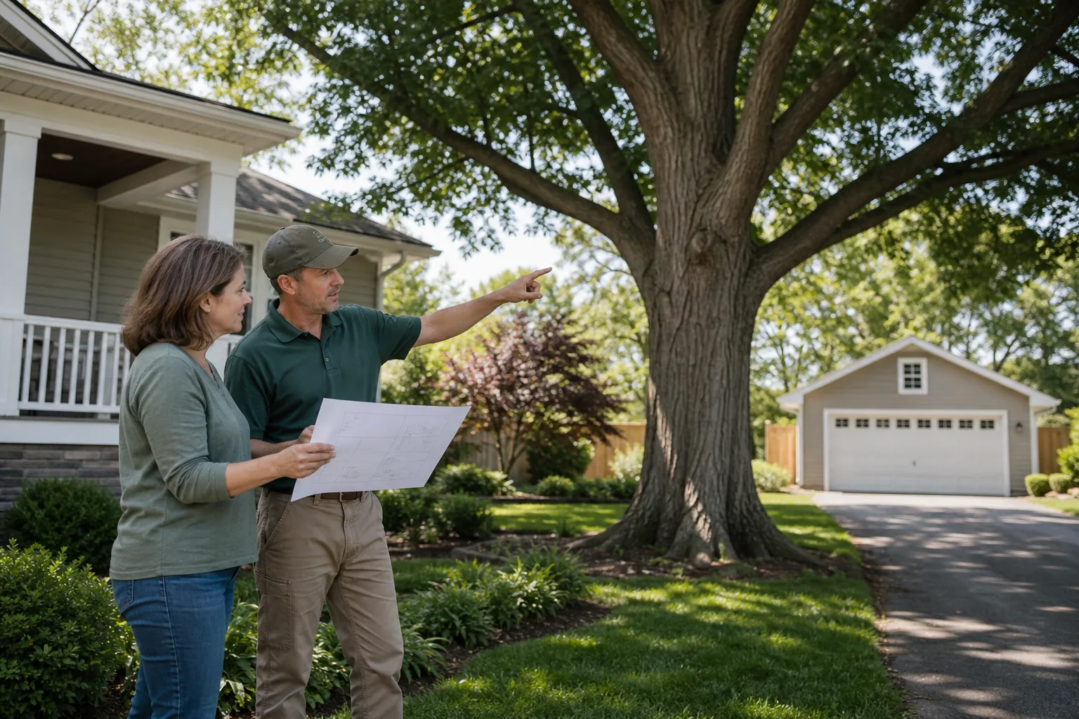 Homeowner and tree-care professional discussing a mature tree