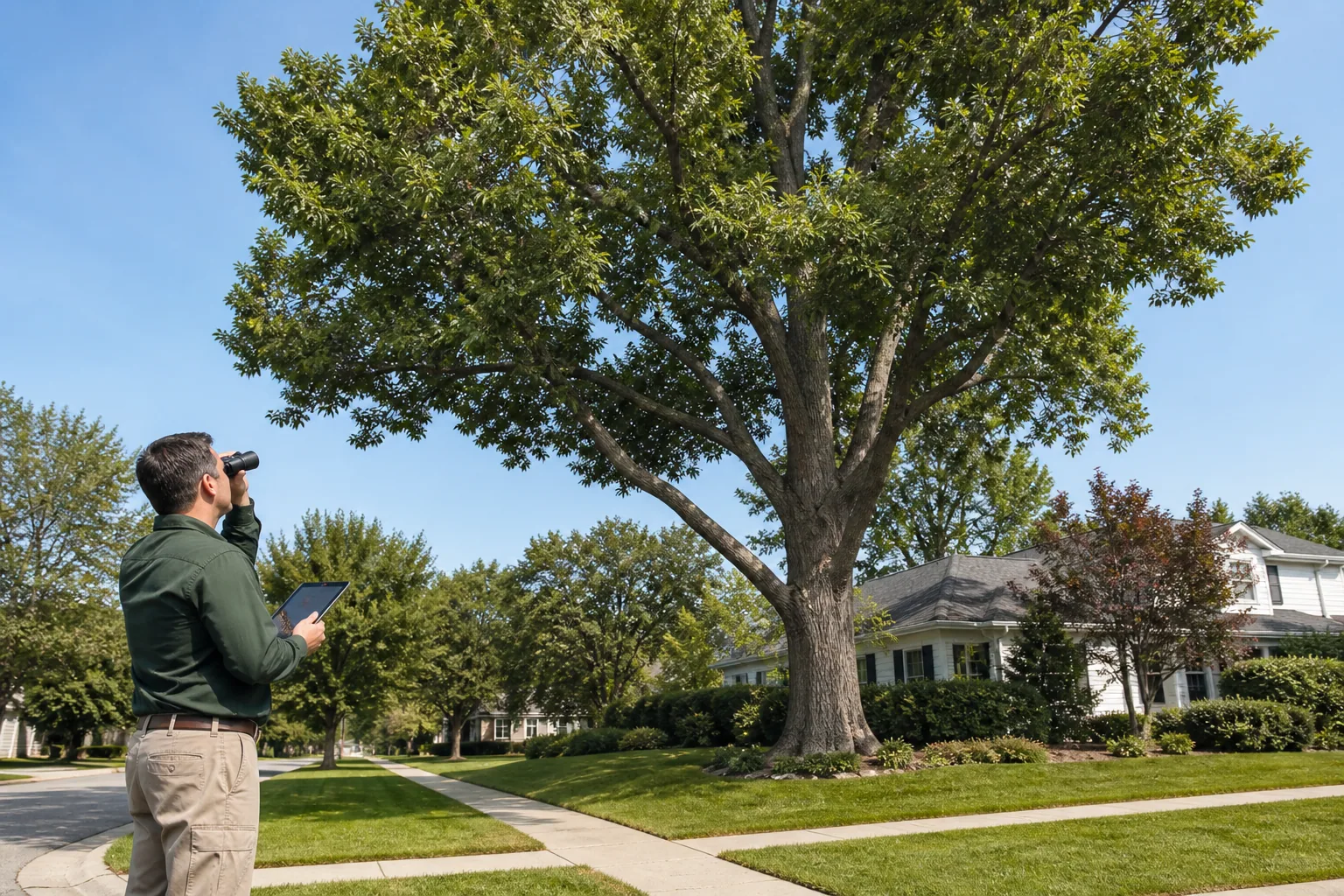 Professional observing a mature residential tree from the ground