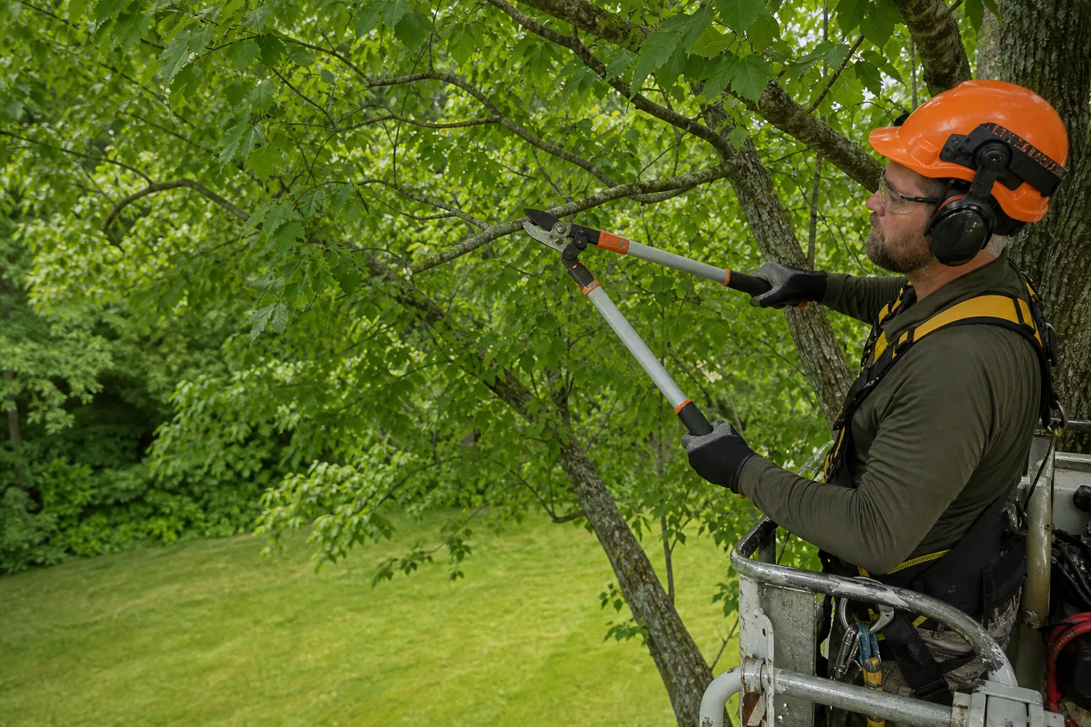 Tree-care professional using bypass loppers on a small branch from a stable aerial lift