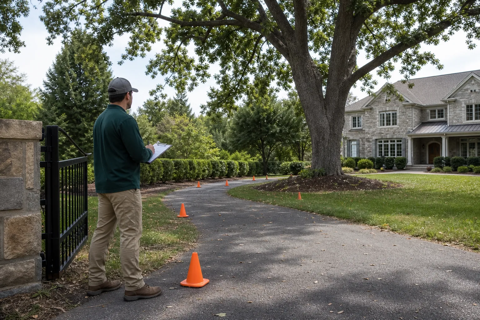 Professional mapping an equipment route before a tree removal estimate