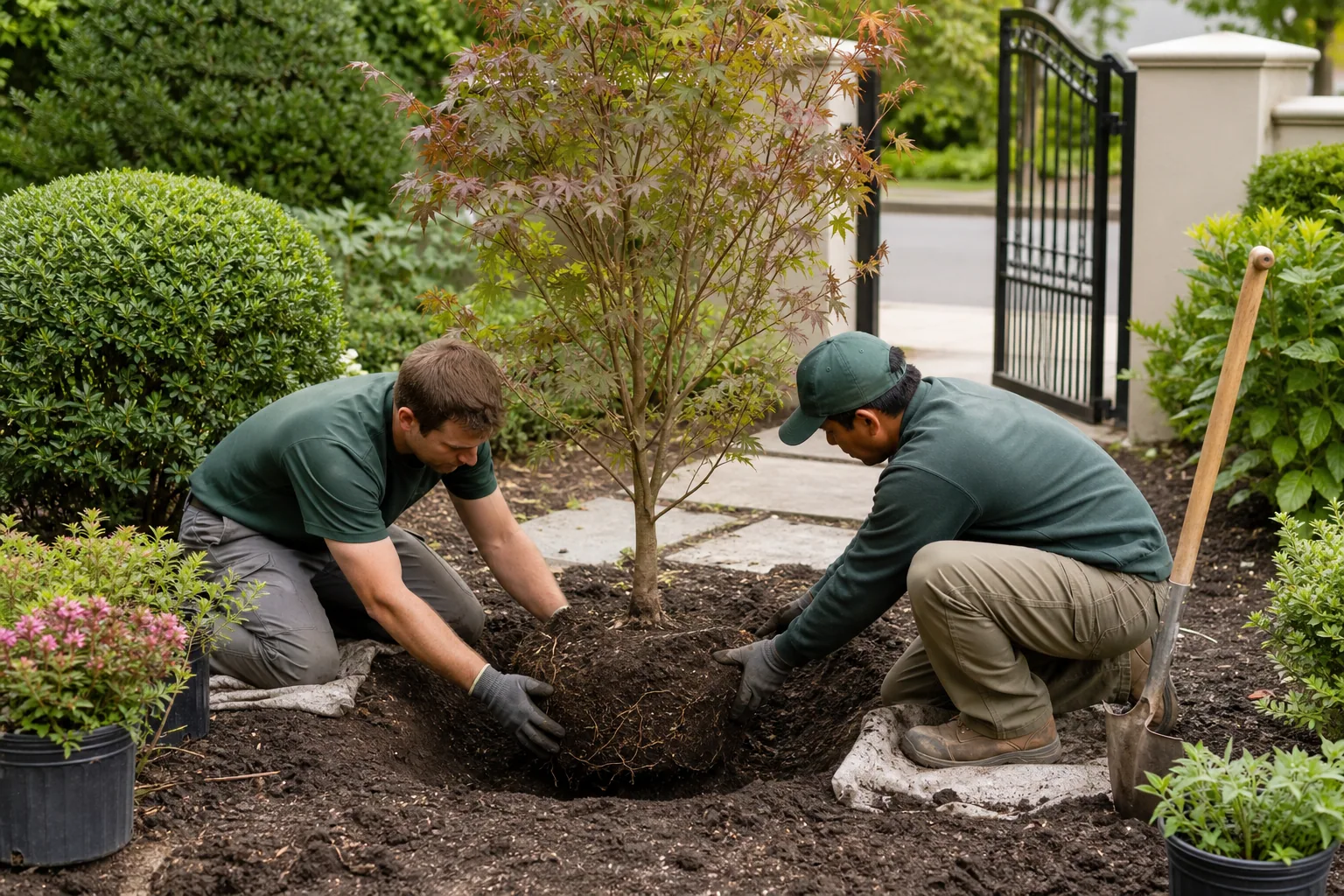 Crew safely hand-digging around a small ornamental tree