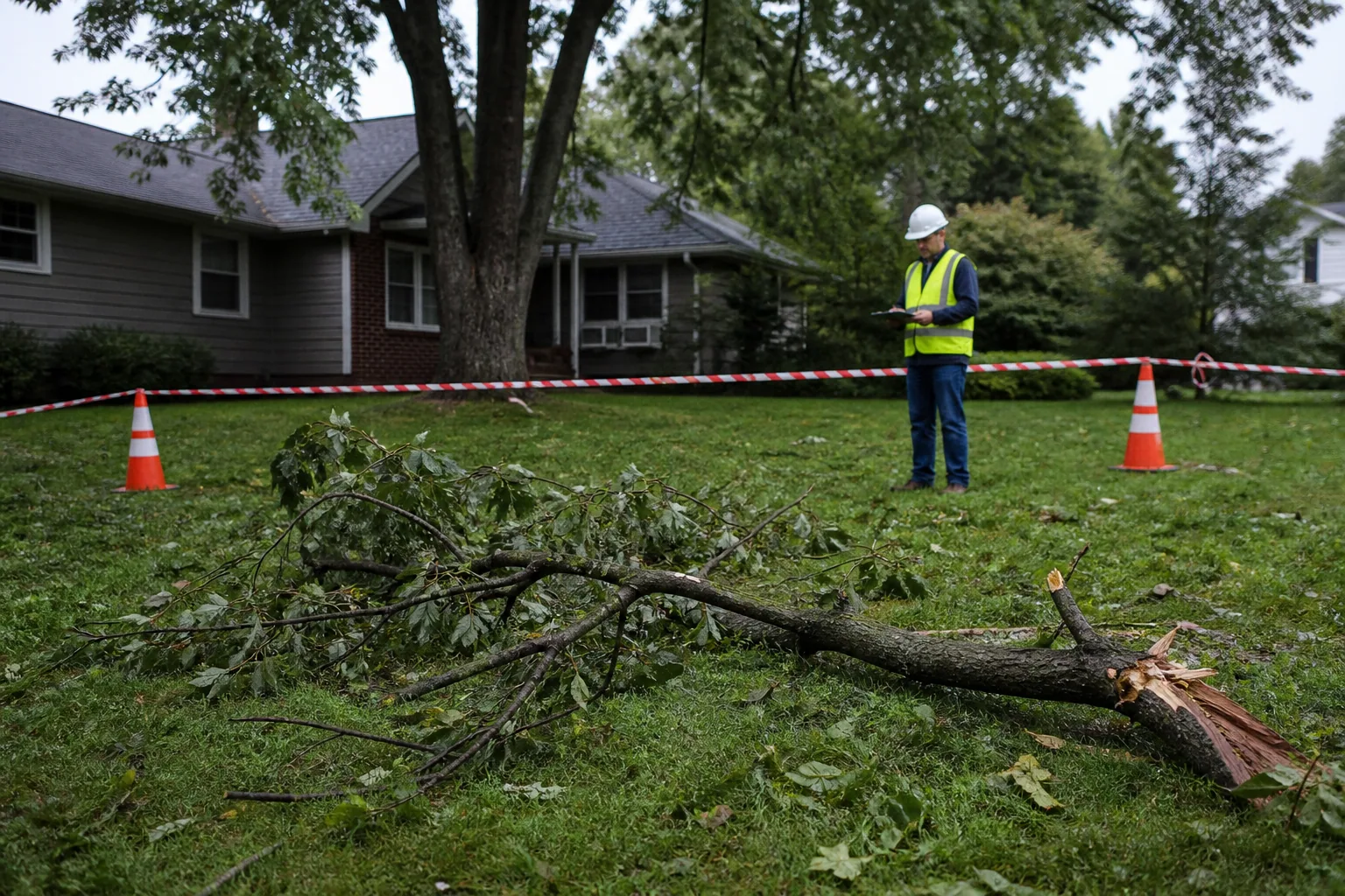 Storm-damaged branch inside a safely cordoned residential work area