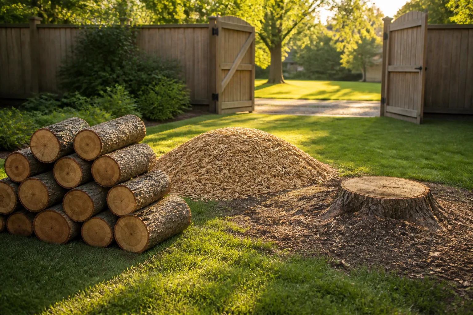 Organized log rounds, wood chips and stump options in a residential yard
