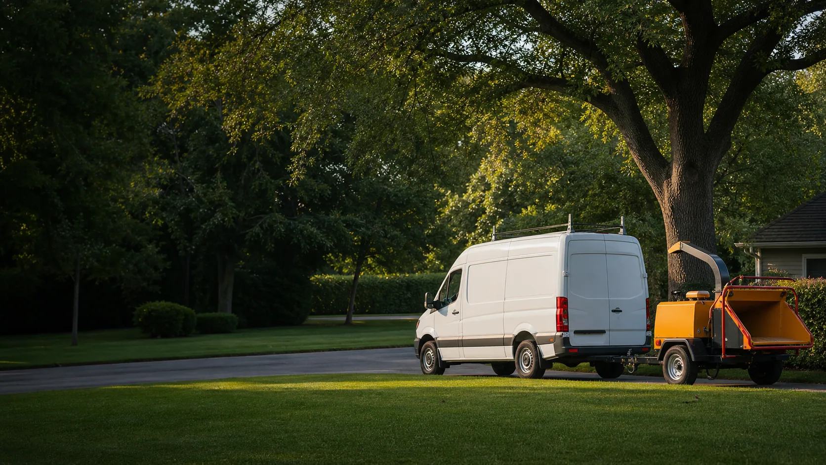 A white tree-service van and chipper parked beside a mature tree