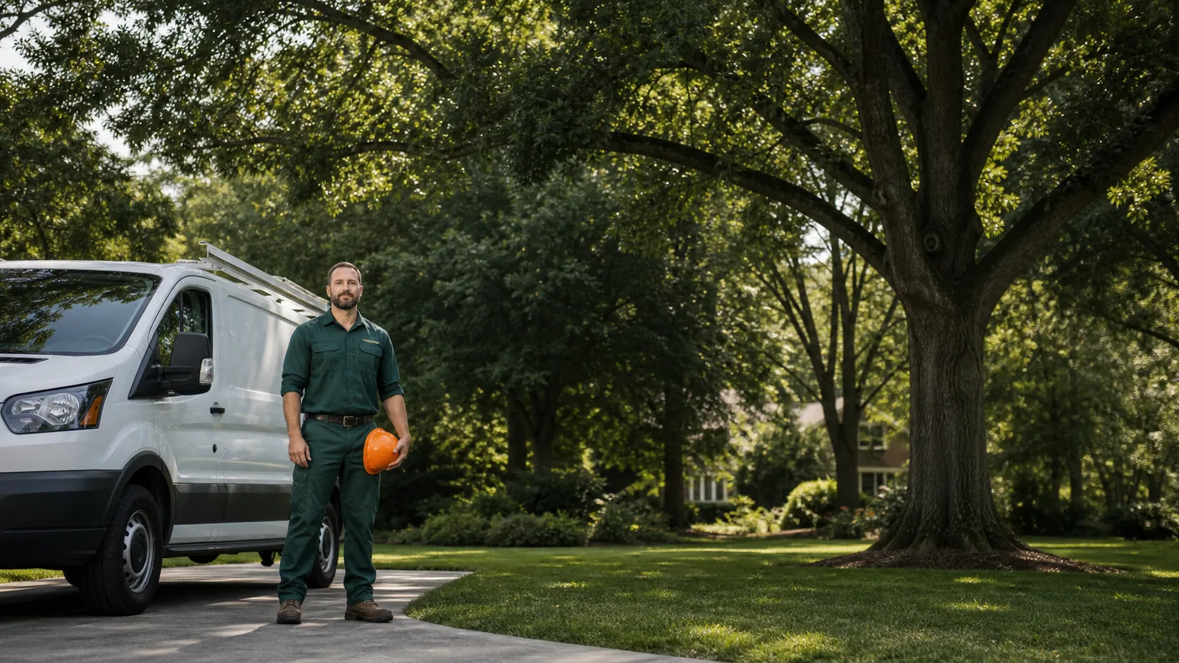 Cedarline tree-care professional beside a white utility van and mature residential trees