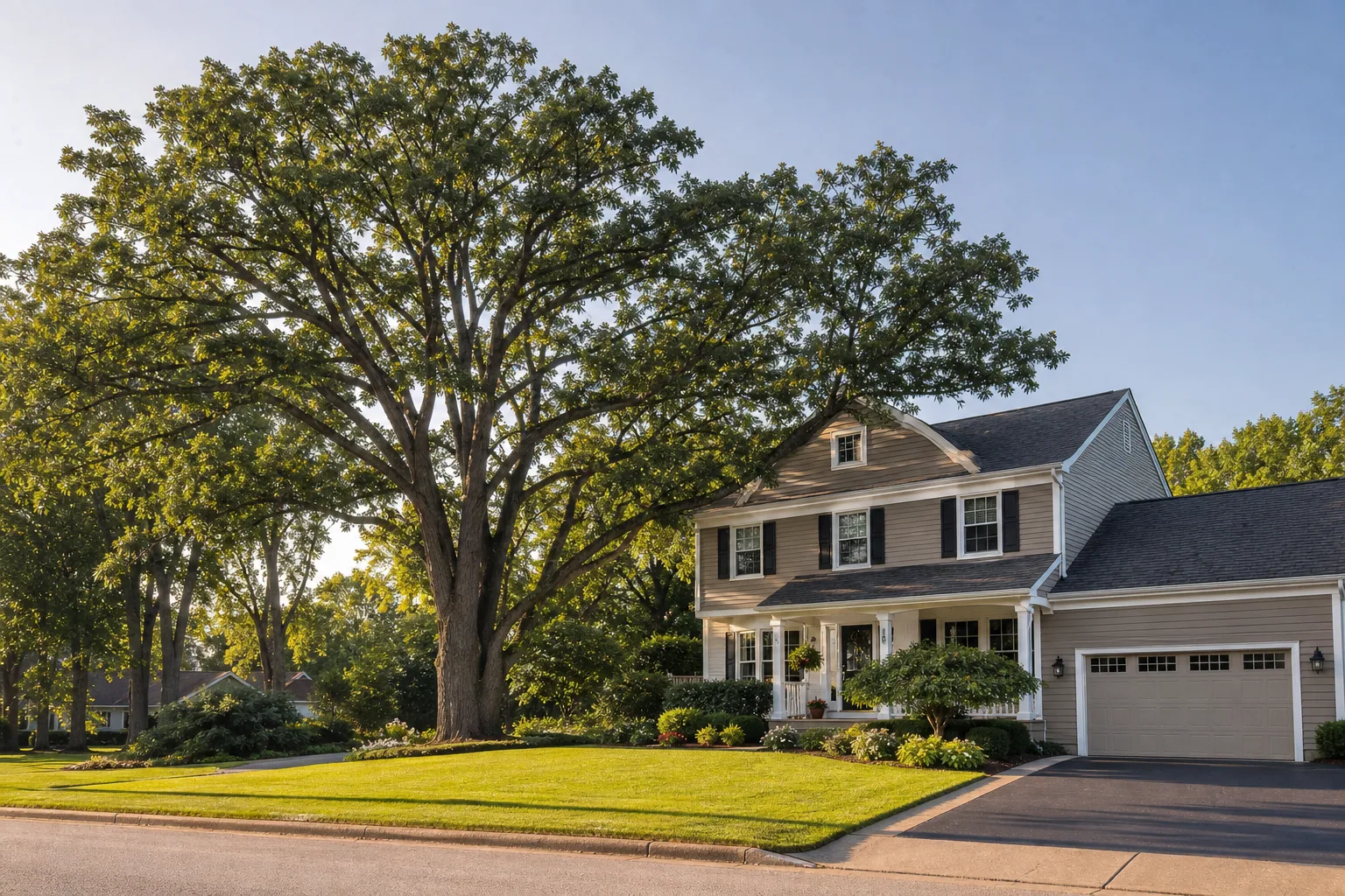 Mature front-yard tree after a balanced pruning scope