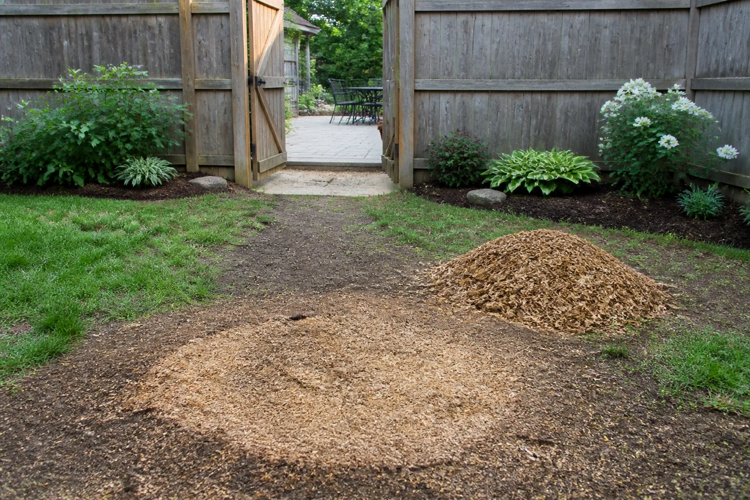 Finished stump area and organized wood chips beside an open gate