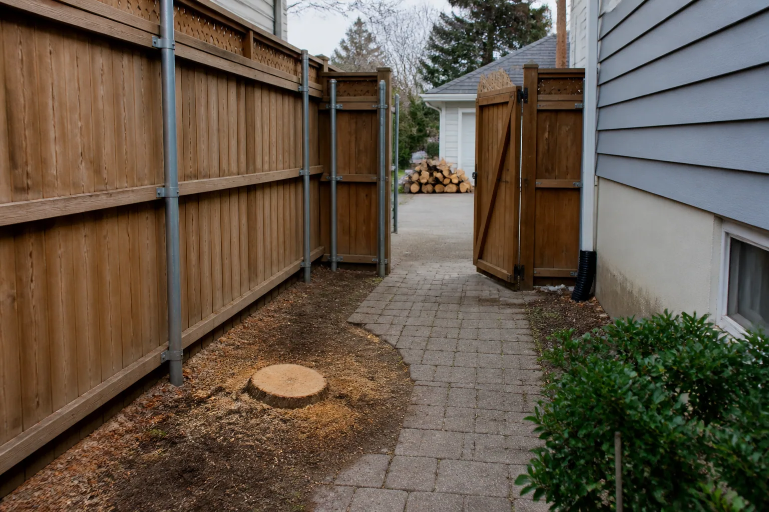 Tight side-yard access after planned tree removal