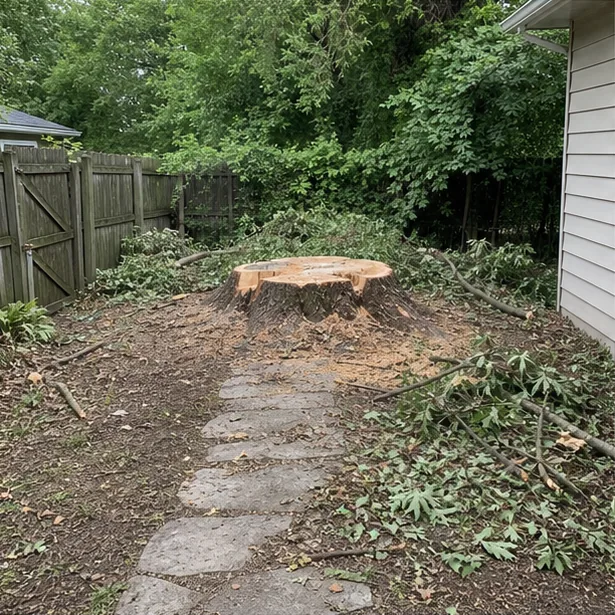 Large stump and debris before cleanup