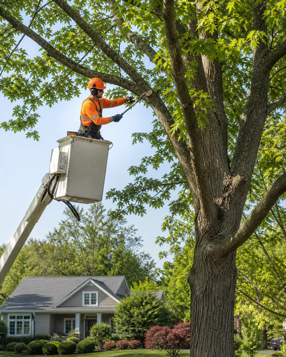 Tree-care worker pruning from an aerial lift