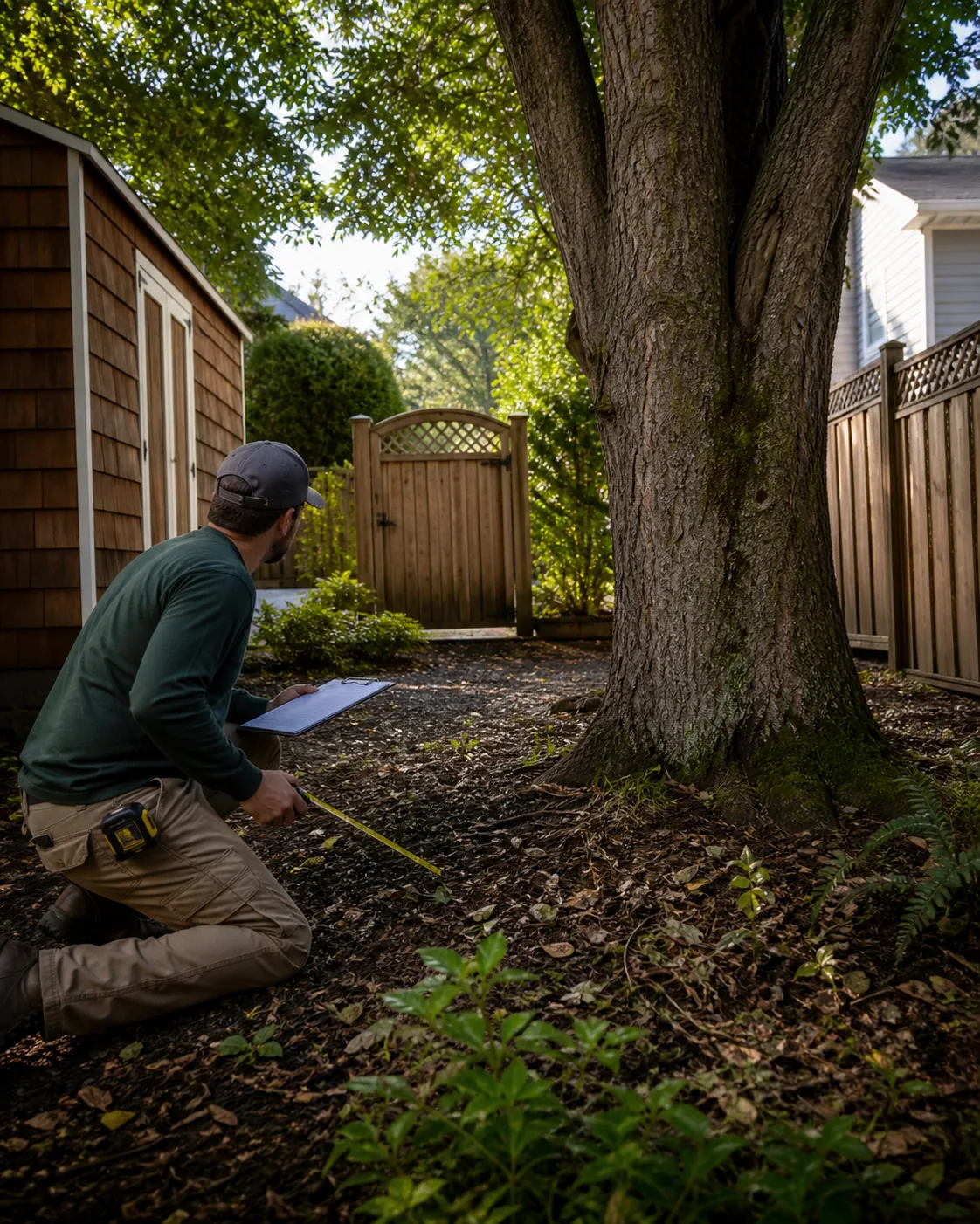 Professional assessing a mature tree and narrow access gate