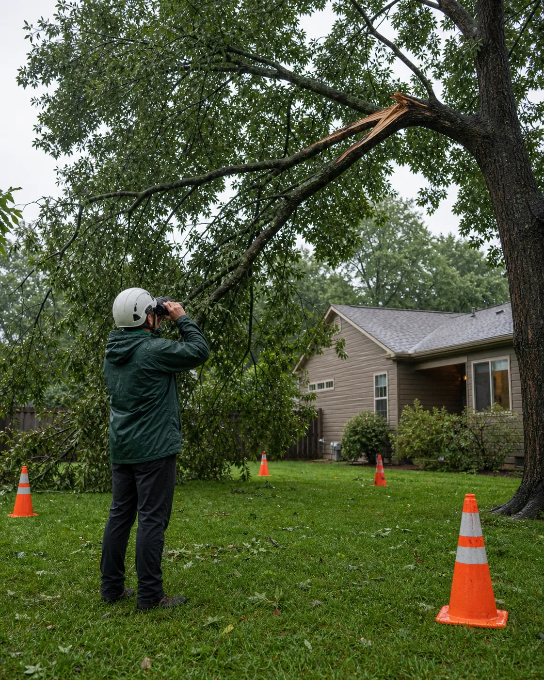 Professional observing storm damage from a safe distance