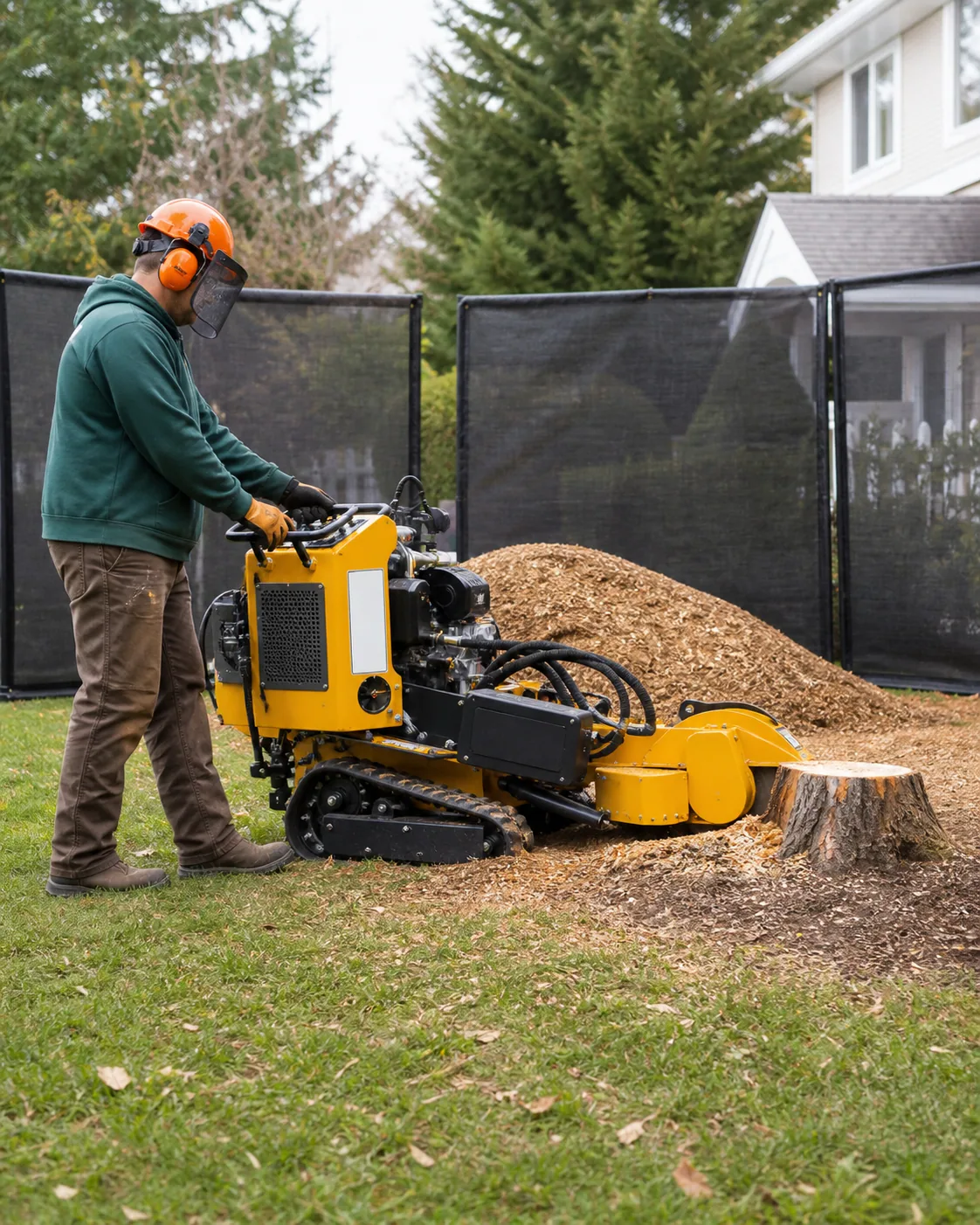 Worker operating a guarded stump grinder
