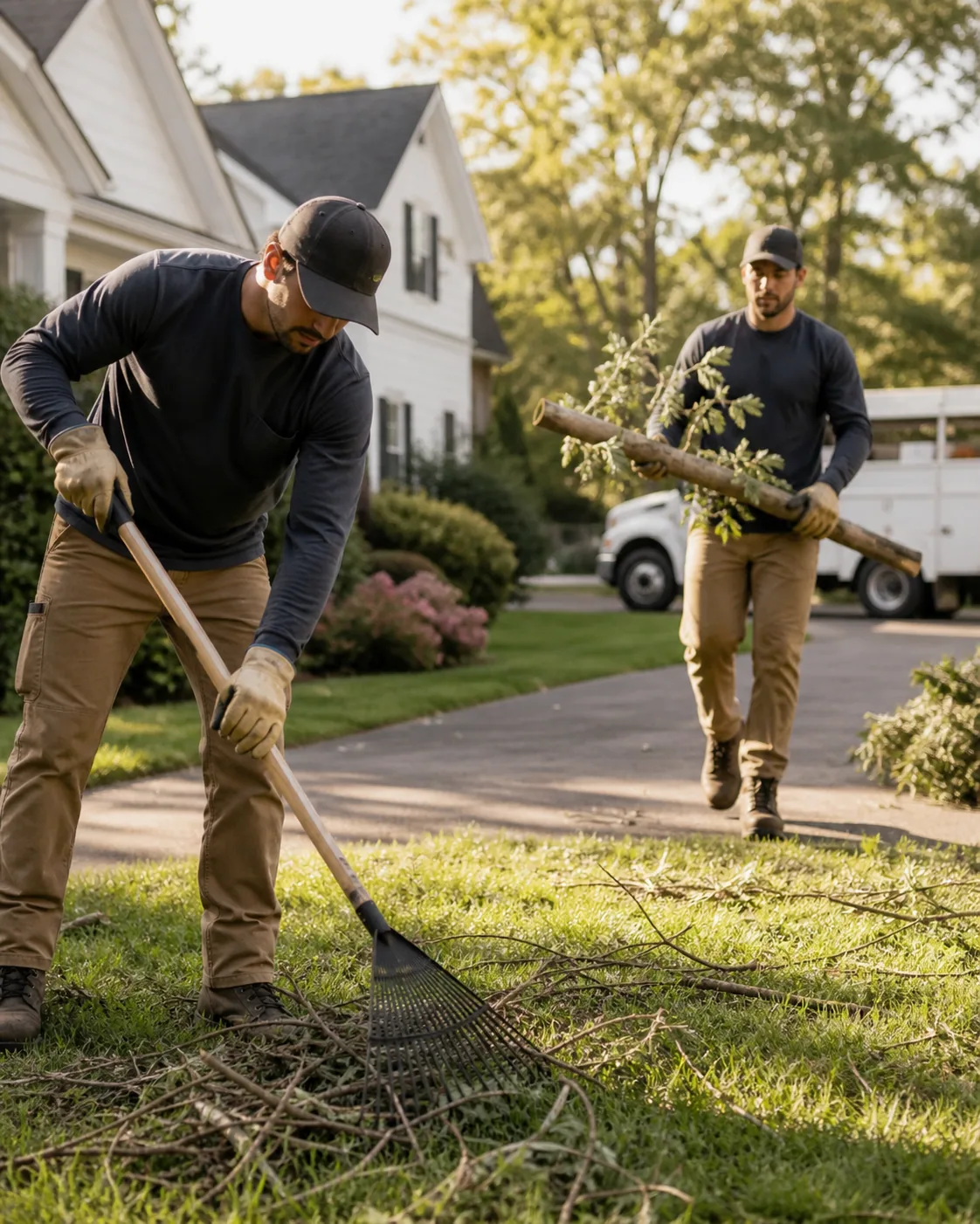 Tree-care crew cleaning a residential work site