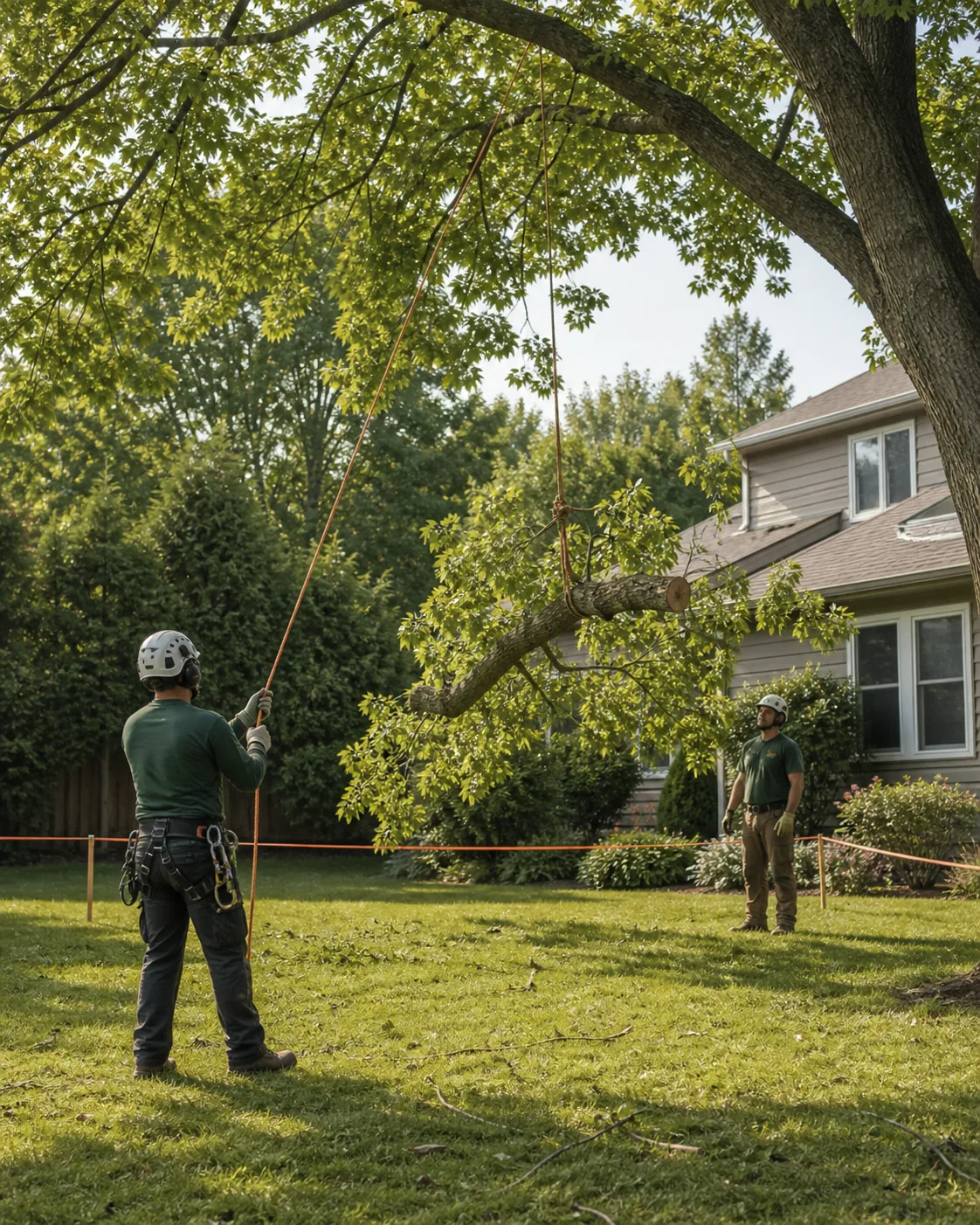 Crew coordinating a controlled branch lowering operation